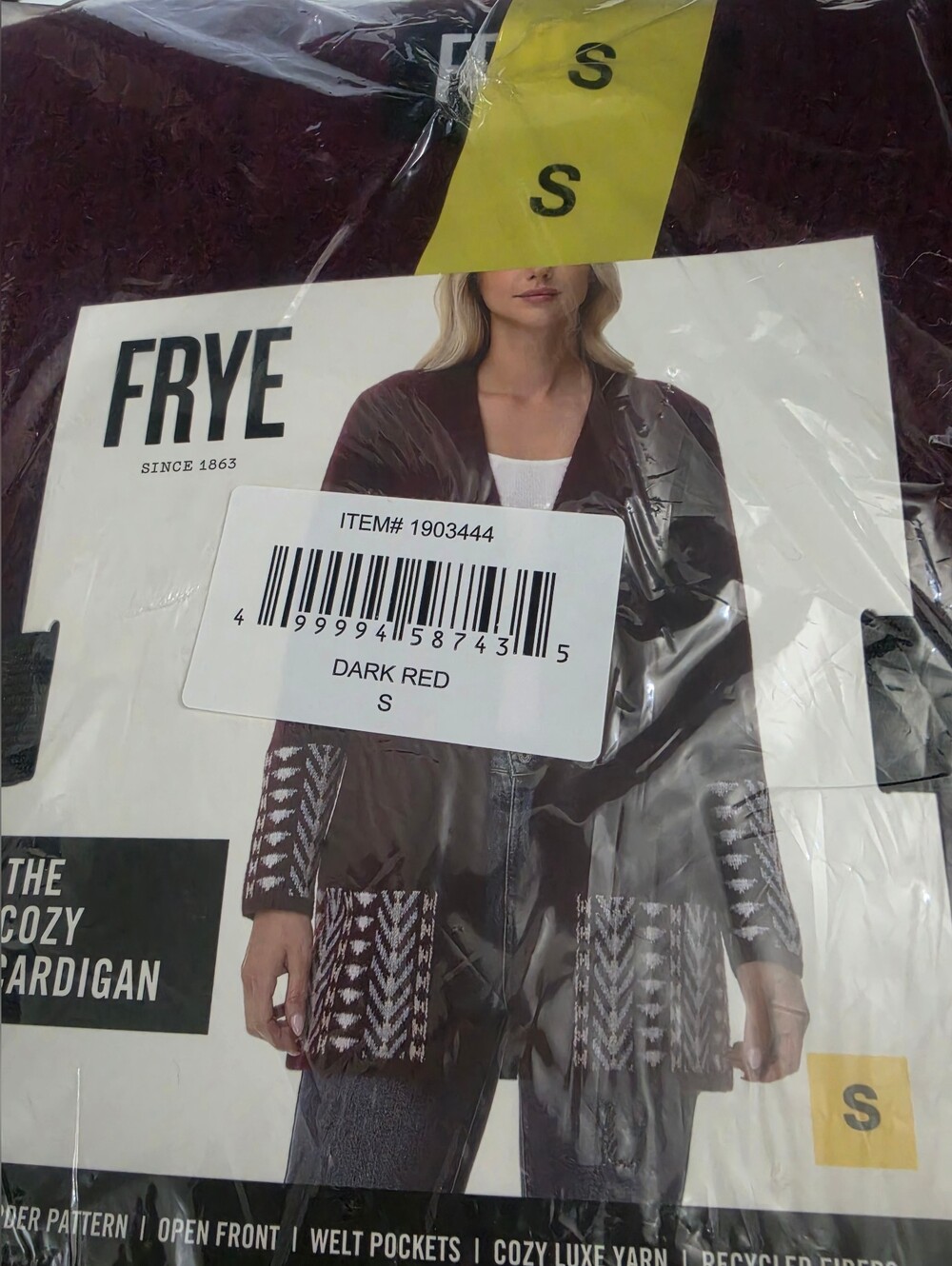 FRYE Dark Red Open-Front Cozy Cardigan with Patterned Pockets